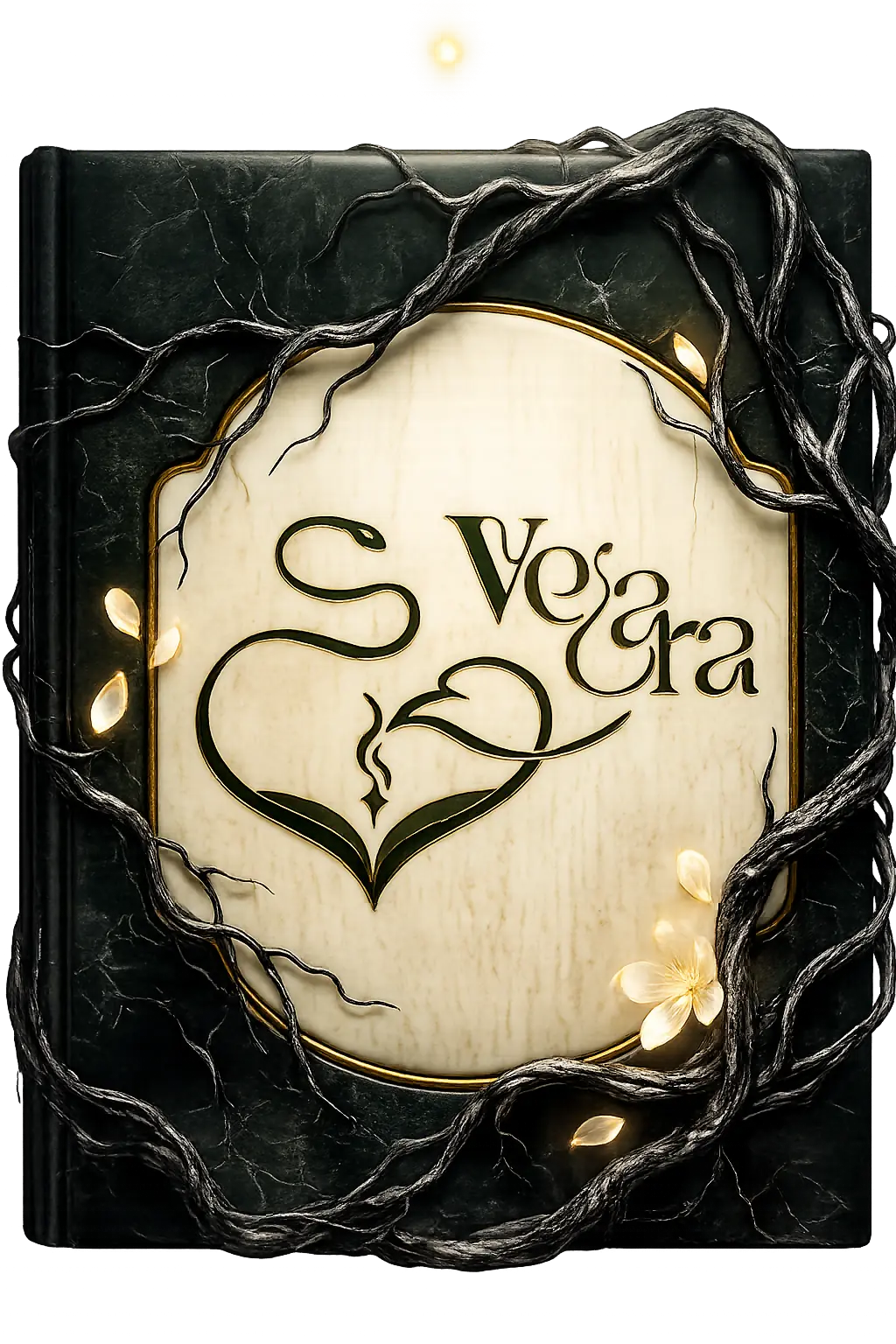The Velara Book — its cover bound in marble and living branches