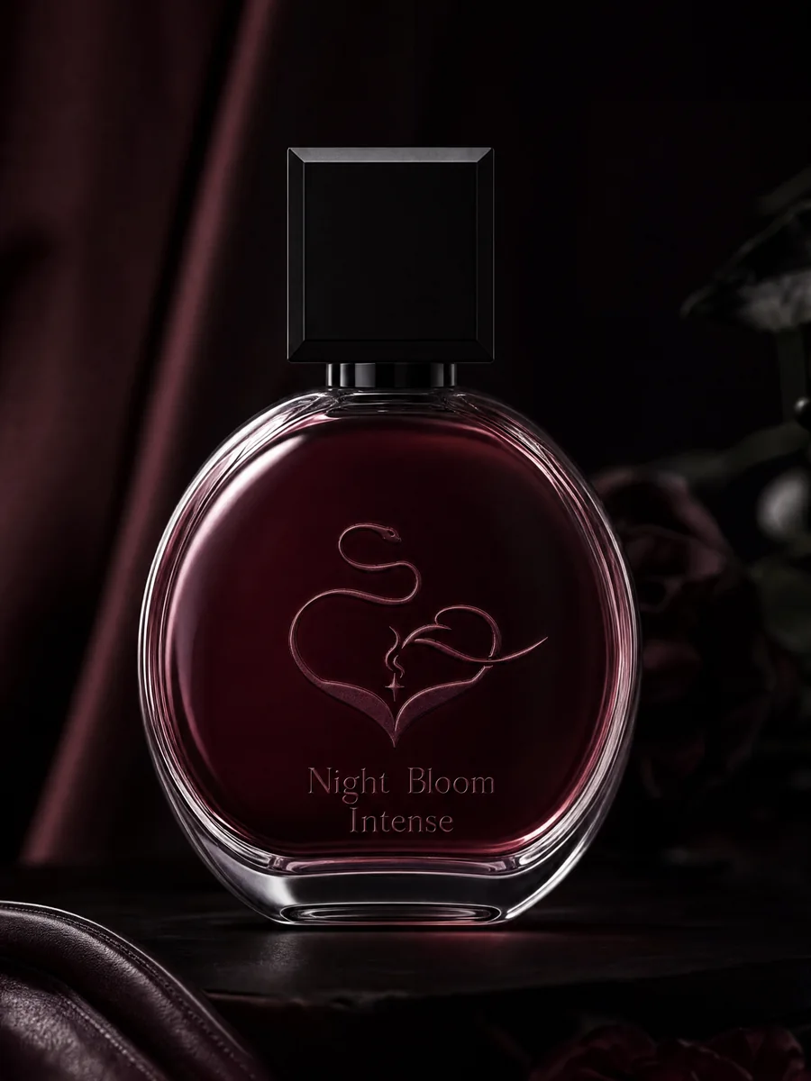 Serana, Night-Bloom Intense, dark red bottle among midnight roses